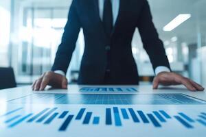 Business professional analyzing data on a touchscreen table. Communication skills negotiation. photo
