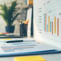 Office workspace with charts and colorful graphs on a desk. photo