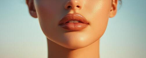 Close-up of a woman's face with shimmering skin under soft light. photo