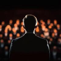 Man facing an audience with glowing lights in the background. photo