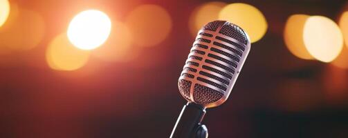 Vintage microphone with blurred lights in the background. photo