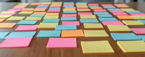 Colorful sticky notes scattered on a wooden surface. photo