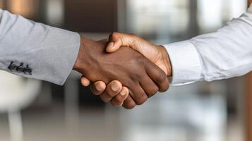 Two people shaking hands in a business setting. photo