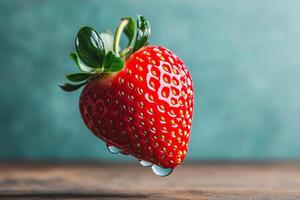 Fresh strawberry with droplets on a rustic wooden surface. photo