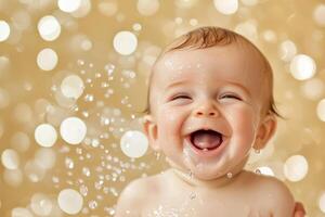 Happy baby covered in bubbles against a soft, blurred background. photo