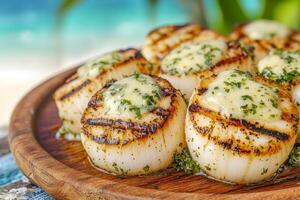 Grilled scallops with herb butter on a wooden plate. photo