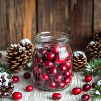 Jar filled with cranberries surrounded by pinecones and greenery. photo