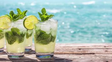 Refreshing cocktails on a wooden table by the beach. photo