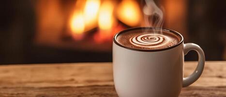 Warm coffee cup with swirling pattern against a cozy fireplace backdrop. photo