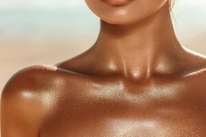 Glowing skin with a shimmer effect in a natural setting. photo