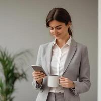 Professional woman using a phone while holding a coffee mug. photo