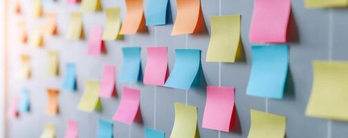 sticky notes arranged on a wall for brainstorming or planning. photo