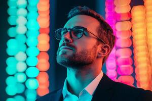 Man in glasses gazes upward, illuminated by vibrant colored lights. photo