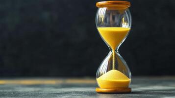 Hourglass filled with yellow sand on a dark background. photo