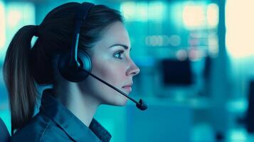 Focused female call center agent in a high-tech environment. photo