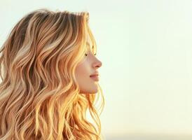 Profile of a woman with flowing hair against a soft background. photo