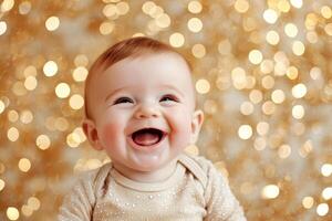 Smiling baby against a sparkling golden background. photo
