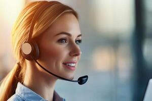 Professional woman with headset smiling while using a computer. photo