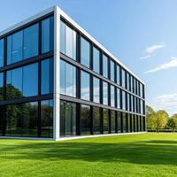 Modern glass building with green lawn and clear sky backdrop. photo