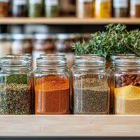 A variety of spices displayed in glass jars on a wooden shelf. photo