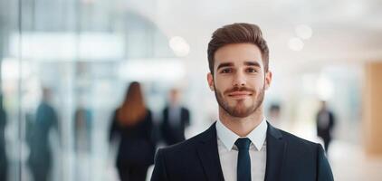 Professional man smiling in a modern office environment. photo