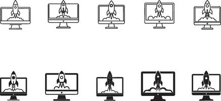 Collection of black and white computer icons featuring rockets, symbolizing technology, progress, innovation, and startup concepts. Ideal for web design, marketing materials, and creative projects. vector