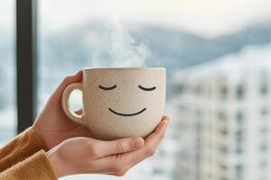 Cozy hands holding a smiling mug with steam against a winter backdrop. photo