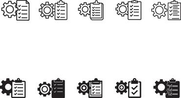Set of multiple configuration and task completion icons in line and solid styles, representing settings and task management. vector