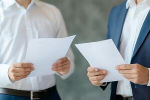 Two men holding documents in a professional setting. Communication skills negotiation. photo