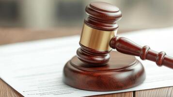 Gavel resting on legal documents, symbolizing justice and law. photo