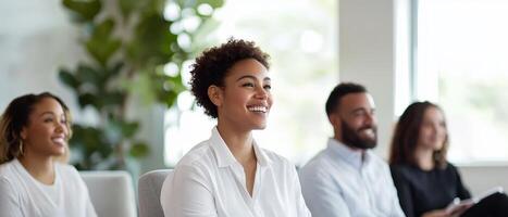 Smiling diverse group engaged in a meeting or presentation setting. Inclusive business equal opportunity. photo