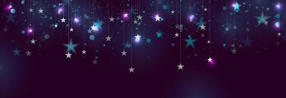 Silver hanging stars and neon shiny particles abstract background vector