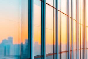 Modern glass building reflecting a colorful sunset skyline. photo