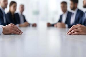 Boardroom meeting with hands resting on a table, focused discussion atmosphere. photo