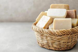 Basketwork filled with assorted natural soaps for display or use. photo