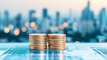 Stacks of coins with a blurred city background. photo