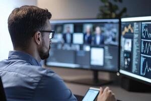 Professional analyzing data on multiple screens in a modern workspace. photo