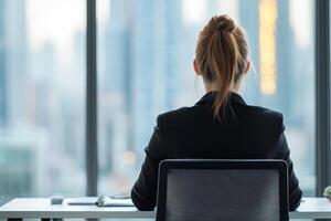 Professional woman looking out of a city office window. photo