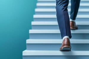 Person walking up white stairs against a blue wall background. photo