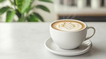 A latte with art design on a marble table beside a green plant. photo