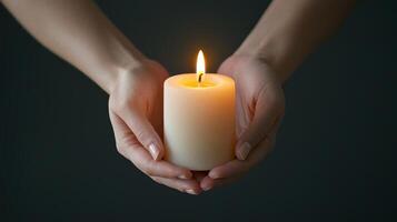 A serene candle held in hands against a dark background. photo