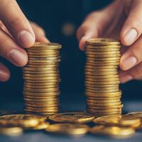 Hands sorting stacks of coins on a table. Entrepreneurial mindset problem solving financial literacy. photo