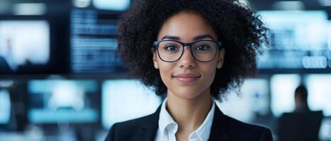 Professional woman with glasses in a modern office setting. Inclusive business equal opportunity. photo