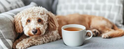 Cozy dog resting beside a cup of tea on a sofa. photo