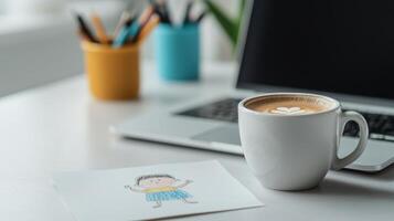 A cozy workspace with coffee, laptop, and colorful stationery. photo