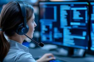 Woman using headset at computer with coding interface visible. photo