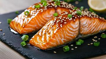 Delicious grilled salmon with sesame seeds and green onions. photo