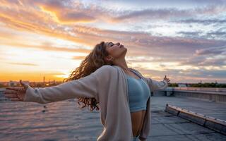 A woman standing on a rooftop with her arms outstretched at sunset photo
