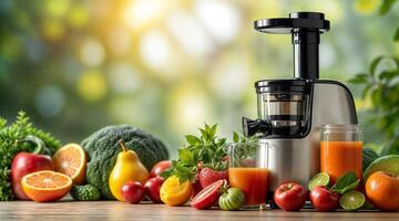 A juicer surrounded by fruits and vegetables photo