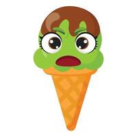 Disgusted green ice cream cone character with a frown Repulsed frozen dessert illustration Funny summer treat graphic with an icky expression Adorable fruity snack in a waffle cone vector